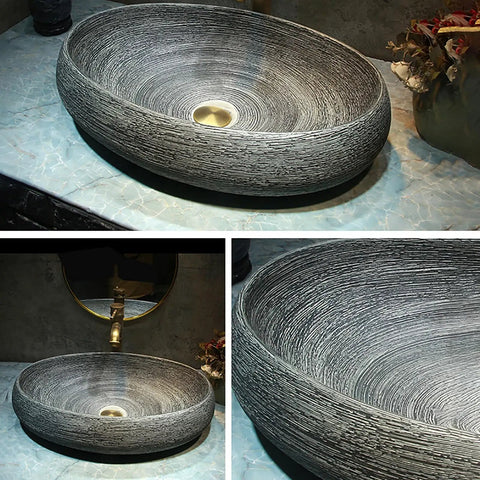 Vintage Ceramic Vessel Sink for Bathroom Vanity, Retro Chinese-Style Above Counter Vanity Sink for Home, Balcony or Hotel Bathroom Decor (Small) shown from above, showcasing brushed texture.