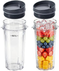 16oz Replacement Blender Cup With Lids For Ninja Blenders Two Pack, filled with fruits and ice, shown with black lids