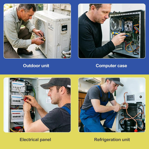 Technician using Five In One HVAC Swage Tool Set For Copper Tubing One Quarter To Three Quarters Inch on various units.