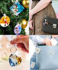 DIY Sublimation Keychains Set Double-Sided Heat Transfer Blanks, 50 Pieces in 5 Shapes on bags and key holders.