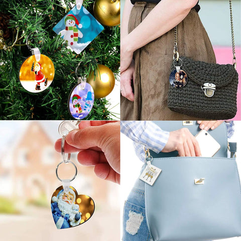 DIY Sublimation Keychains Set Double-Sided Heat Transfer Blanks, 50 Pieces in 5 Shapes on bags and key holders.