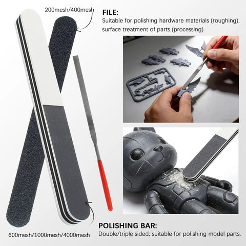 Polishing bars and file from 11 Piece Model Tools Kit For Hobbyists And Model Builders Pro Grade Craft Set shown in use