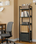 5 Tier Bookshelf With Drawer And Industrial Style Bakers Rack In Black, Tall Narrow Free Standing Wood And Metal Display Shelf