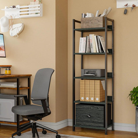 5 Tier Bookshelf With Drawer And Industrial Style Bakers Rack In Black, Tall Narrow Free Standing Wood And Metal Display Shelf
