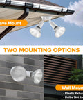 No Fuss And Tough As Nails 2 Pack Dual Head Outdoor Flood Lights Switch Controlled Waterproof Security Fixtures Adjustable Twin Par Holder Max 300 Watt For Yard Garage And Porch White eave and wall mount options shown.