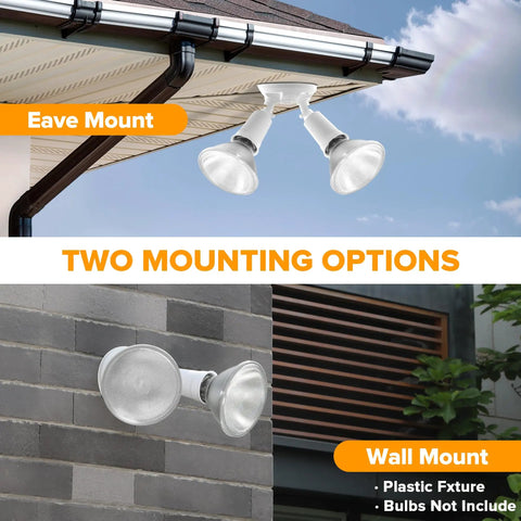 No Fuss And Tough As Nails 2 Pack Dual Head Outdoor Flood Lights Switch Controlled Waterproof Security Fixtures Adjustable Twin Par Holder Max 300 Watt For Yard Garage And Porch White eave and wall mount options shown.