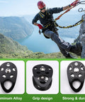 Zipline Speed Pulley 28KN Climbing Pulley for Rope Rescue Hauling, close-up of black aluminum alloy pulley with design details