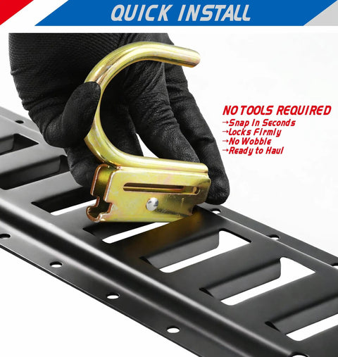 Hand inserting 2 Inch E Track J Hooks Heavy Duty Tie Down Accessories For Trucks Trailers Garages Vans Warehouses And Workshops Galvanized Steel With 400 Lb Working Load And 1200 Lb Break Strength into rail