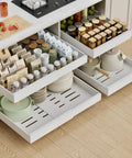 Super Slick Slide Out Cabinet Organizer Baskets For Kitchen Pantry And Under Sink Storage Extra Deep Twenty One Inch Expandable Four Pack with kitchen items.