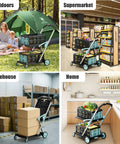 Heavy Duty Foldable Grocery Cart on Wheels, 200 Lbs Capacity with Crates in outdoor, supermarket, warehouse, and home settings