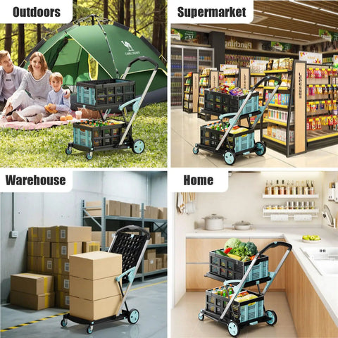 Heavy Duty Foldable Grocery Cart on Wheels, 200 Lbs Capacity with Crates in outdoor, supermarket, warehouse, and home settings