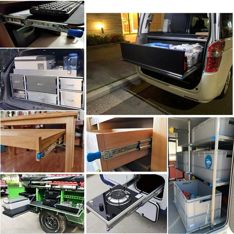 Heavy Duty 10 Inch Ball Bearing Drawer Slides Lockable Full Extension Cabinet Runners shown in various applications including RVs and storage.