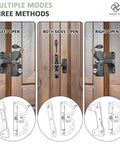 Rock Solid Gate Latch With Pull Cable Quick Release Two Sided Lockable Exterior Door Fixture For Wood Vinyl Or Steel Fences showing left, both, and right open modes.