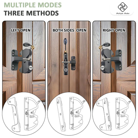 Rock Solid Gate Latch With Pull Cable Quick Release Two Sided Lockable Exterior Door Fixture For Wood Vinyl Or Steel Fences showing left, both, and right open modes.