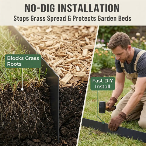 Heavy Duty 4.5 Inch Metal Landscape Edging Kit With 11 Stakes, 40 Inch Panels, 33 Feet Total Length, Galvanized Steel With Powder Coat