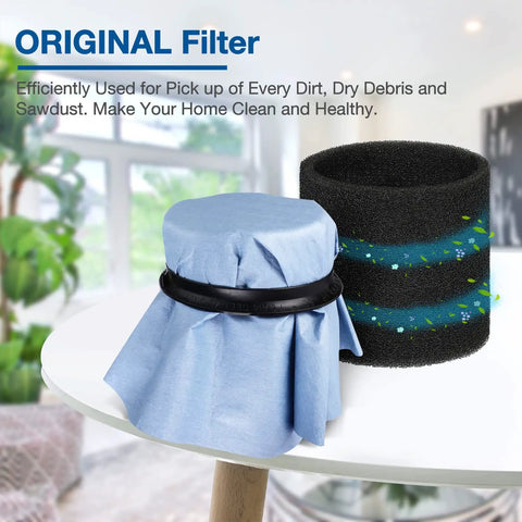 6 Pack Reusable Paper Disc Vacuum Filter For Most Wet Dry Vacuums 5 Gallon And Up, showing original filter setup