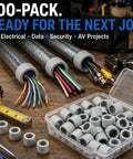 100 Pack Three Quarter Inch Emt Insulating Conduit Bushings White Plastic Cable Grommets in a toolbox with wires.