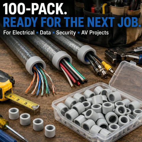 100 Pack Three Quarter Inch Emt Insulating Conduit Bushings White Plastic Cable Grommets in a toolbox with wires.