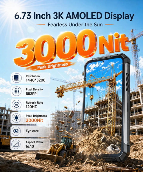 Boss Level Durable Tank 5 5G Esim Unlocked Smartphone Featuring Insane 220 Lumens Built In Projector And Killer 6.73 Inch 3K Amoled Display For Game Changing Android 16 Performance Daily showing 6.73 inch 3K AMOLED display at a construction site.