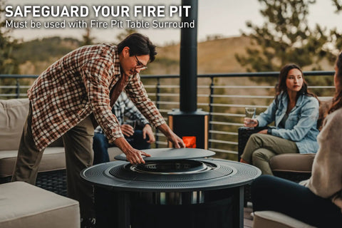 Person securing Surround Surface Fire Pit Lid For Bonfire And Ranger Pits Built For The Backyard Boss Vibe Durable Cold Rolled Steel Cover