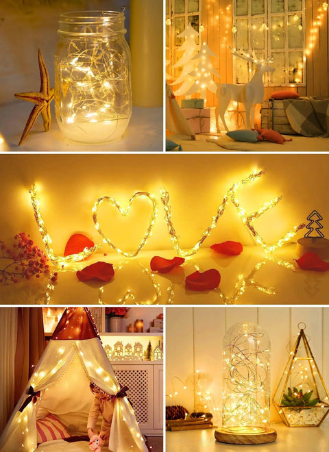 24 Pack Battery Operated Fairy Lights On Silver Wire 7 Ft Long With 20 LEDs illuminating various decor settings