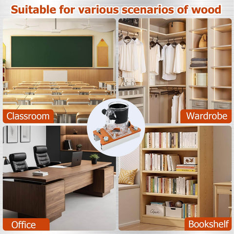 Pro Grade 2-In-1 Router Jig For Slotting And Positioning, Heavy Duty Aluminum Adjustable Bracket shown in classroom, wardrobe, office, and bookshelf settings
