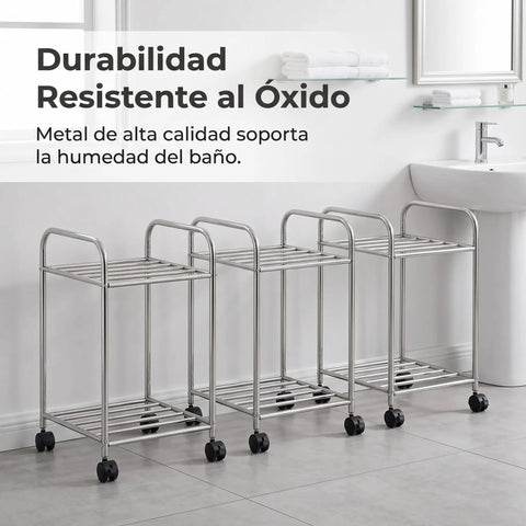 Metal Storage Rack On Wheels, floor-standing movable shelving unit in bathroom for easy organization, rust-resistant and durable.