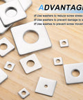 Top Shelf 304 Stainless Steel Square Washers 1 Inch Flat Pads For 5/16 In Bolt shown on wood surface in various sizes.