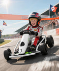 Child driving 24V Electric Go Kart For Kids, Drift Ready Battery Powered Ride On Toy, 8.1 MPH Top Speed at racetrack