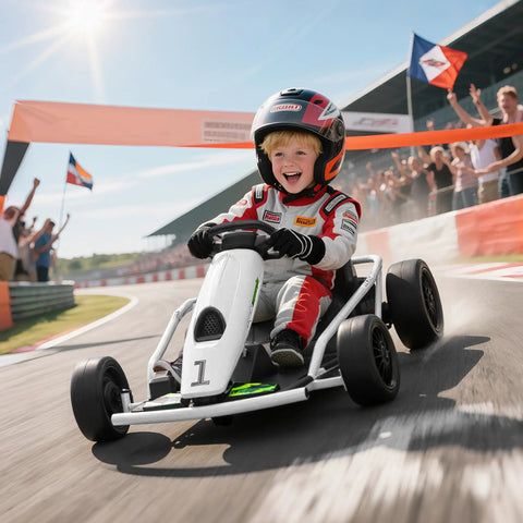 Child driving 24V Electric Go Kart For Kids, Drift Ready Battery Powered Ride On Toy, 8.1 MPH Top Speed at racetrack