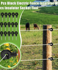 All In One Beefed Up Electric Fence Kit For Livestock Control with black insulators and wood post in a pasture