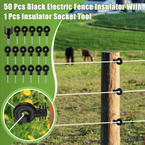 All In One Beefed Up Electric Fence Kit For Livestock Control with black insulators and wood post in a pasture