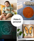 Collage of personalized decor: baby in custom sweatshirt, engraved leather patch, LED night light, and butterfly wall art.