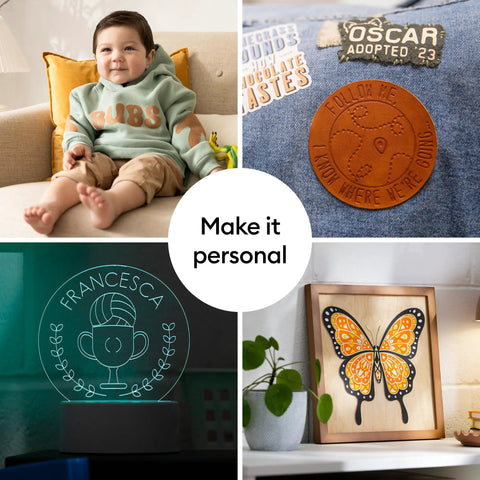 Collage of personalized decor: baby in custom sweatshirt, engraved leather patch, LED night light, and butterfly wall art.