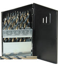Heavy Duty 26 Piece Jobber Drill Bit Set With Premium HSS NAS 907B Gold Oxide, 135 Degree Split Point, organized in metal case