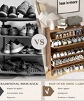 Comparison of traditional shoe rack vs Slim Walnut Wood No-Fuss Shoe Storage Cabinet With Two Flip Drawers For Entryway