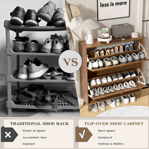 Comparison of traditional shoe rack vs Slim Walnut Wood No-Fuss Shoe Storage Cabinet With Two Flip Drawers For Entryway