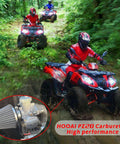 Riders on ATVs in forest with inset of Carburetor Upgrade For Baja 50cc To 125cc ATVs And Dirt Bikes Compatible With Taotao SunL Roketa.