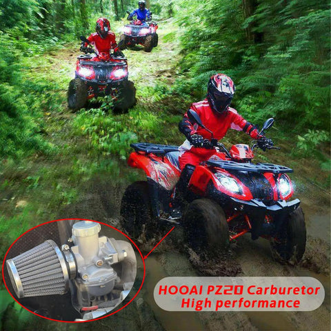 Riders on ATVs in forest with inset of Carburetor Upgrade For Baja 50cc To 125cc ATVs And Dirt Bikes Compatible With Taotao SunL Roketa.