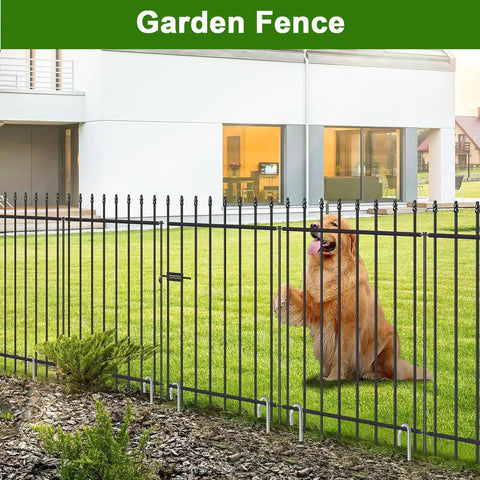 Garden fence with a dog behind, using Tough As Nails Heavy Duty 12 Inch J Hook Rebar Stakes, 5/16 Inch galvanized ground anchors.