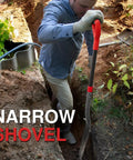 Man using Drain Spade With Fiberglass Handle Root Saw Style Garden Shovel For Digging And Trenching Narrow Sharp Spade Head 44 Inch