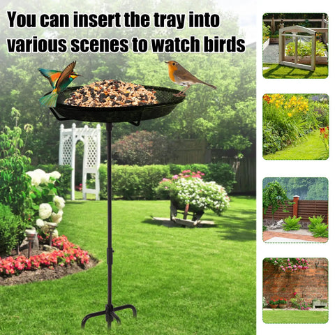Sturdy Standing Bird Feeder Bowl On A 29.1 Inch Iron Stand with birds in garden setting, detachable for easy refill, rust resistant.