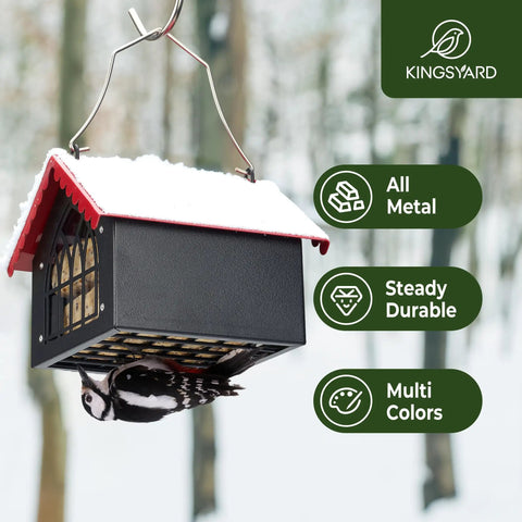 Double Upside Down Suet Feeder With Weatherproof Roof All Metal Outdoor Hanging Bird Feeder with woodpecker feeding