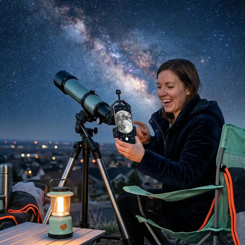 Woman using Smartphone Telescope Adapter With Quick Lock Mount for Binoculars Monocular Microscope and Spotting Scope under starry sky