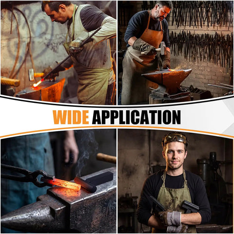 Collage showing blacksmiths using Five Piece One Inch Hardy Hole Blacksmith Tools Set Pro Grade Forging Kit in a forge shop.