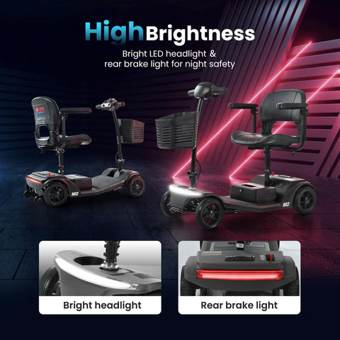 Mobility scooter M2: two black units with LED headlight, rear brake light, and adjustable tiller.