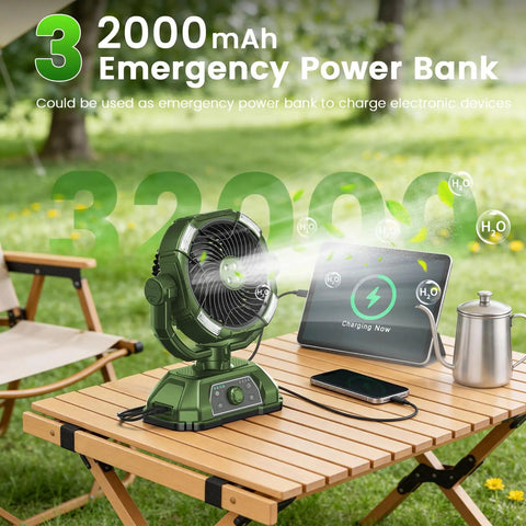 Portable Misting Fan With Four Mist Sprayers Rechargeable 9 Inch Oscillating Camp Fan USB Battery Power Bank 7L Water Bucket