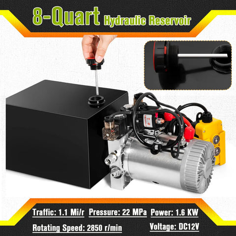12V Hydraulic Pump For Dump Trailers And Car Lifting, Double Acting Electric Power Unit, 8-Quart Capacity, side view