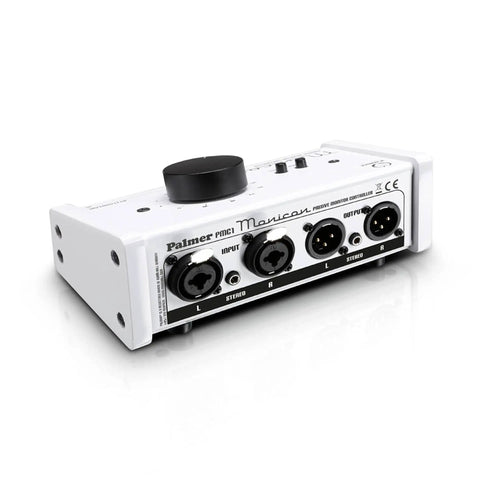 Passive Monitor Controller With Mute And Mono Button, white finish, showing XLR and 3.5mm connectors, desk setup.