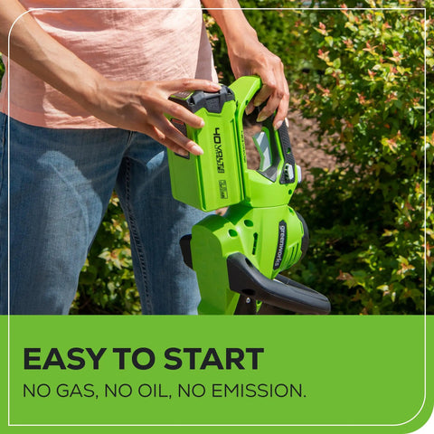 Person inserting battery in 40V Cordless Hedge Trimmer With 24-Inch Steel Blades 1-Inch Cutting Capacity 2Ah Battery And USB Charger Included.